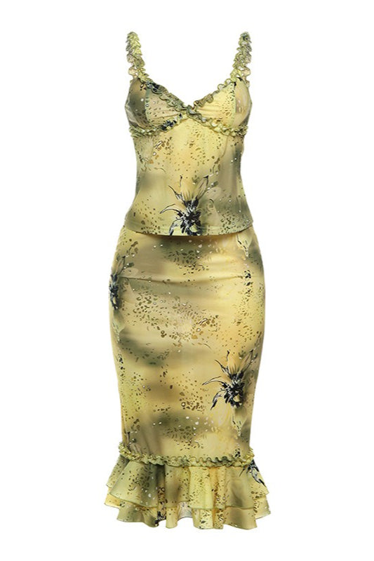 V Neck Ruched Ruffle Floral Print Midi Dress