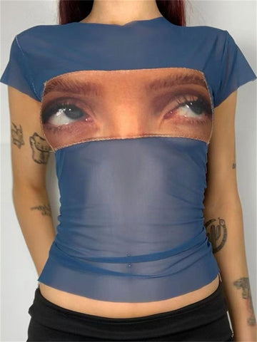 TARUXY Camisetas estampadas con ojos divertidos, tops cortos de malla estética de los años 2000, ropa grunge, camisetas gráficas vintage Harajuku, ropa urbana Y2K 