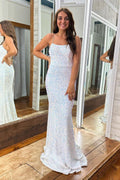 Mermaid Spaghetti Straps White Sequins Plus Size Prom Dress with Criss Cross Back