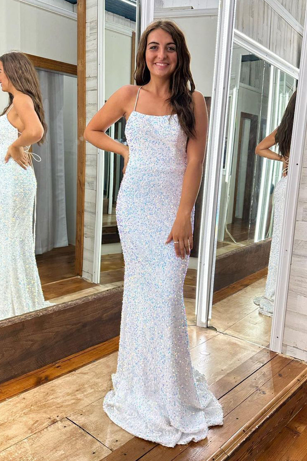 Mermaid Spaghetti Straps White Sequins Plus Size Prom Dress with Criss Cross Back