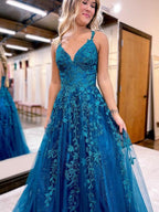 Vestido de fiesta de tul con encaje y purpurina azul tinta de corte A