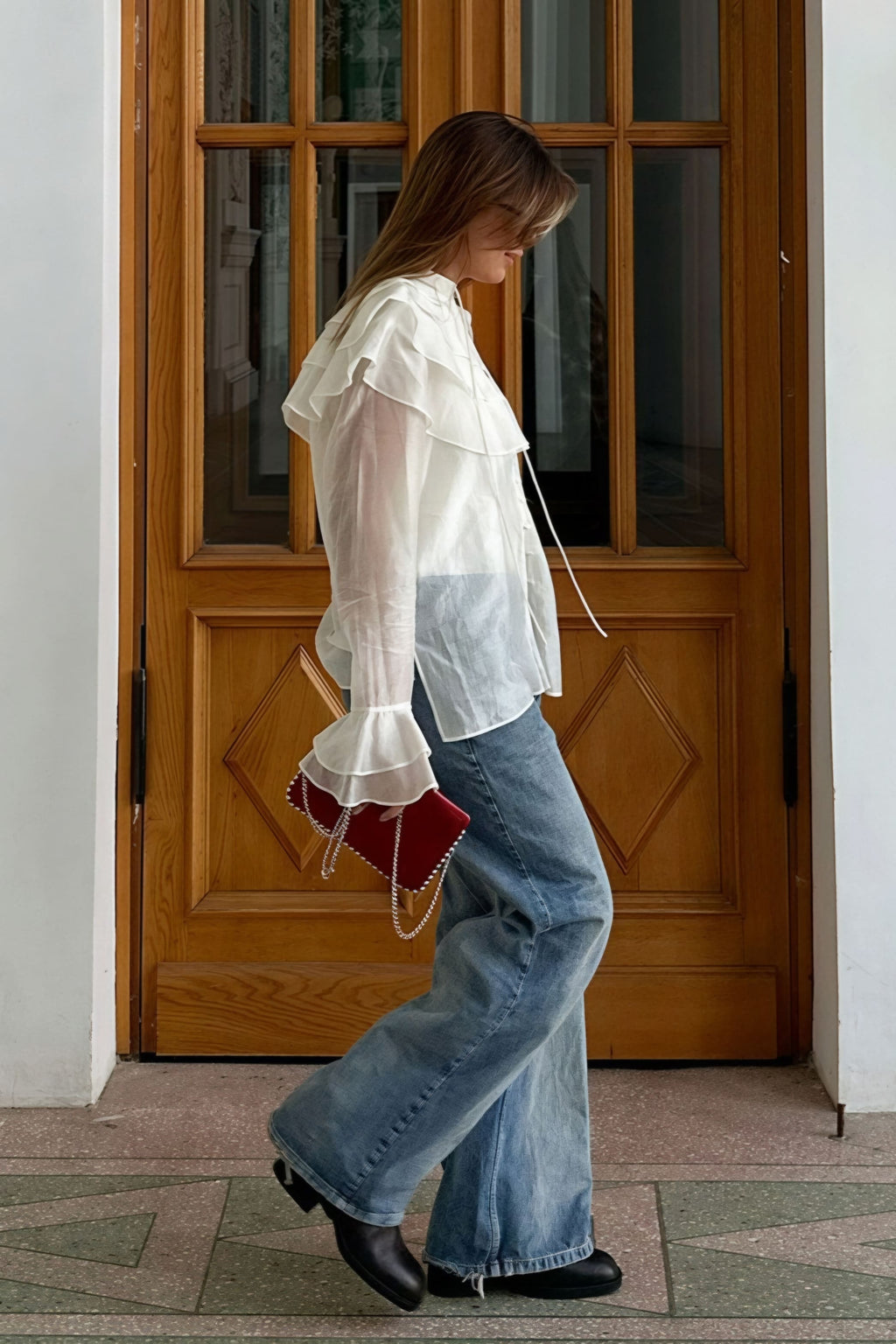 Ruffled Flare Sleeve Tencel Chiffon Blouse
