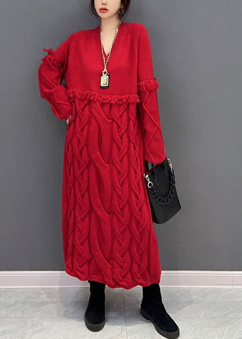 Vestido suéter suelto de punto con borlas y cuello en V rojo para mujer para invierno 