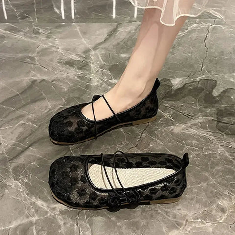 Off-white Mesh Japanese Style Lolita Cute Gothic Shoes for Women Kawaii Flat Flats Low Heel Elegant Round Toe Mary Jane on Offer