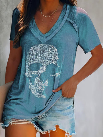 Skull Print Deep V-neck Pullover T-shirt