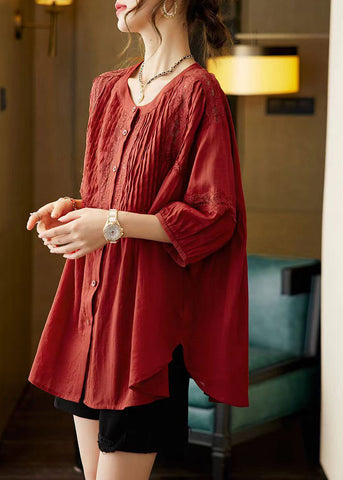 Camisas de talla grande con cuello redondo y diseño de patchwork y arrugadas de morera con mangas de pulsera 