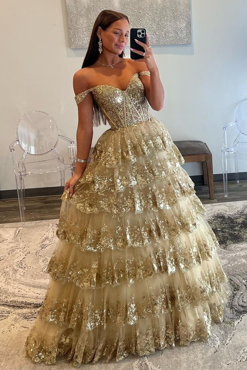 Prinzessinnen-Abendkleid aus Paillettenspitze mit schulterfreiem Ausschnitt
