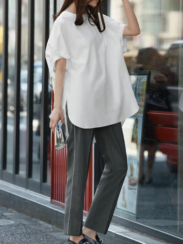 High-Low Loose Elasticity Solid Color Split-Side Rundhals-T-Shirts Tops 