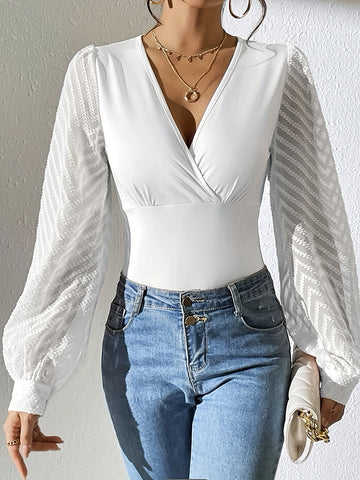 Long Sleeves Hollow Pleated Solid Color Split-Joint Deep V-Neck Blouses&shirts Tops