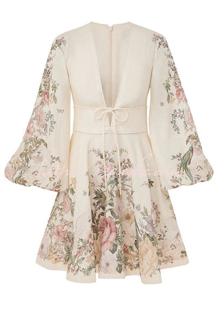 Flower Gala Linen Blend Unique Print Tie-up Balloon Sleeve Pocketed Mini Dress