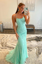 Meerjungfrauen-Abendkleid mit Spaghettiträgern, blau, lang, rückenfrei