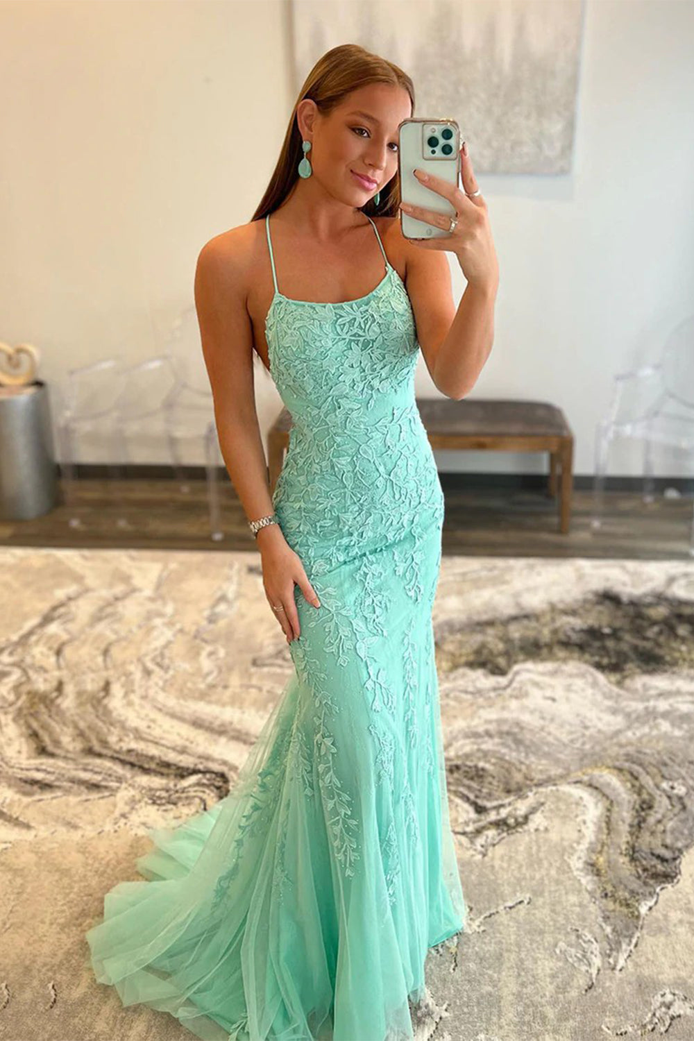 Mermaid Spaghetti Straps Blue Long Prom Dress with Backless