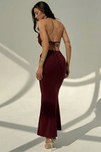 Sexy Halter Deep V Neck Backless Metal Maxi Dress