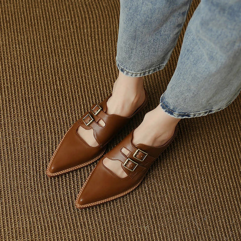 Zapatos de verano para mujer, de piel auténtica, con puntera cubierta y tacón grueso, sandalias con tira trasera, pantuflas hechas a mano. 