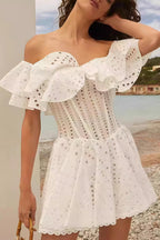 Elegant Designer Embroidery Hollow Out Cutout Waist Cinched Mini Dress