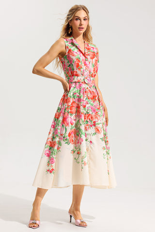 Vestido midi sin mangas con estampado floral y cinturón 