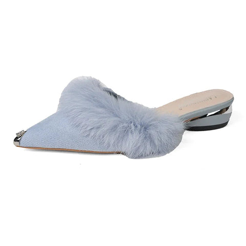 Zapatillas gruesas y sexys para mujer, zapatos de piel con punta puntiaguda, moda de invierno 2024, botas cortas de terciopelo con tira trasera para fiesta, calzado femenino 