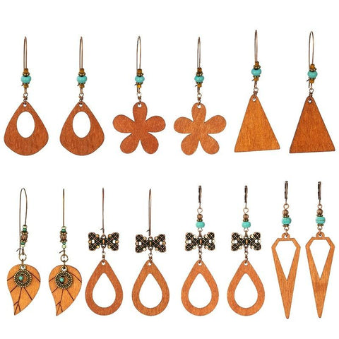 Pendientes vintage de madera con cuentas bohemias 