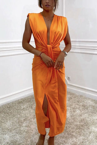 Klassisches und sexy Dates Midikleid mit V-Ausschnitt, gerüschtem Drape und Schlitz 