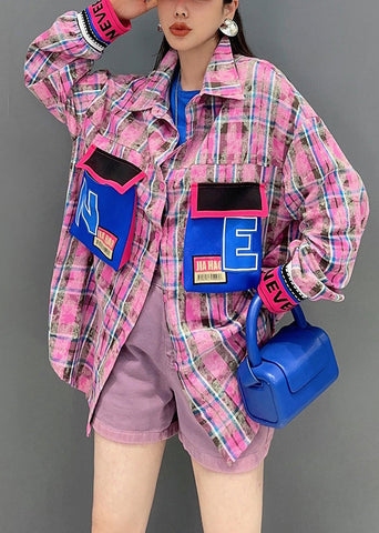 Schicke blaue karierte Knopf-Patchwork-Baumwollblusen mit langen Ärmeln 