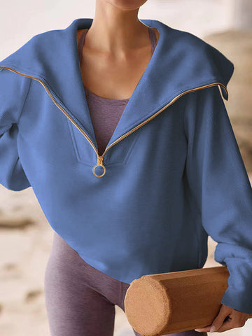 Long Sleeves Loose Solid Color Zipper Lapel Sweatshirt Tops