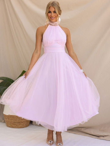 Vestido midi de tul con cuello halter, plisado, cintura imperio, espalda abierta, elegante vestido de fiesta 