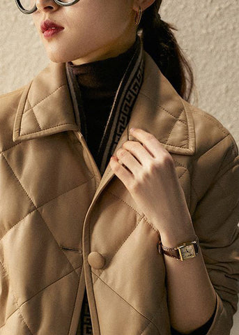 Abrigo francés de invierno con cuello Peter Pan, botones y relleno de algodón color caqui 