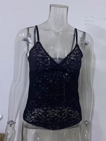 Black See Through Lace Cami Crop Tops Women Summer Y2K Clothes Sleeveless V Neck Sexy Tanks Camis Aesthetic 2000s Gothic Tees