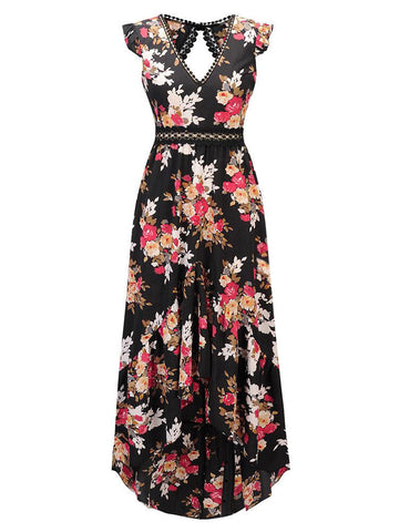 Floral Print Maxi Dress V Neck Backless High Low Split Long Summer Dress