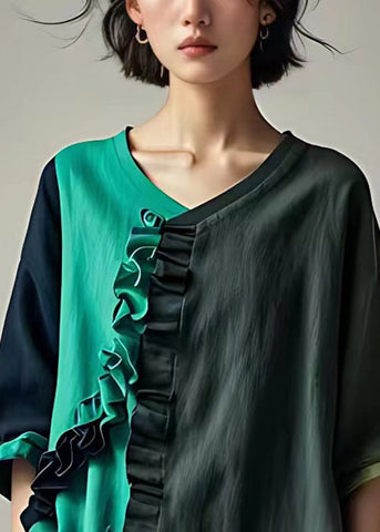 Elegante dunkelgraue Rüschen Patchwork Baumwolle Tops Armband Ärmel 
