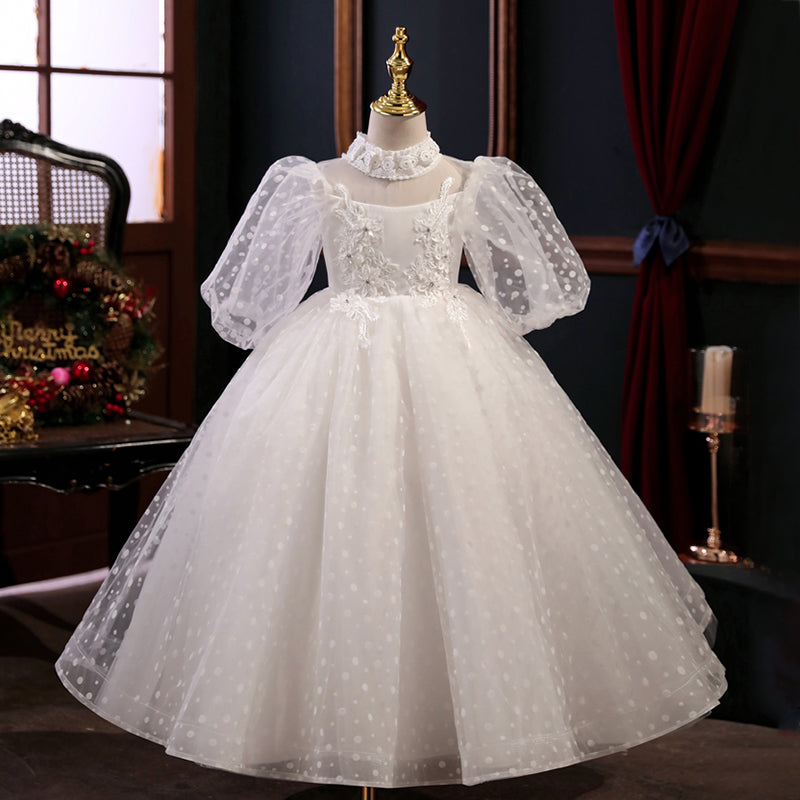 Vestido de niña de las flores para primera comunión, blanco, de princesa, de manga larga y esponjoso. 
