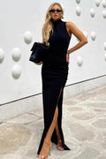 Fitted Sleeveless Round Neck Split Maxi Dress