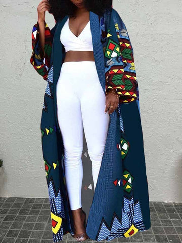 Lockerer Trenchcoat mit geometrischem Afro-Print und herkömmlichem Kragen für Damen in Übergröße 