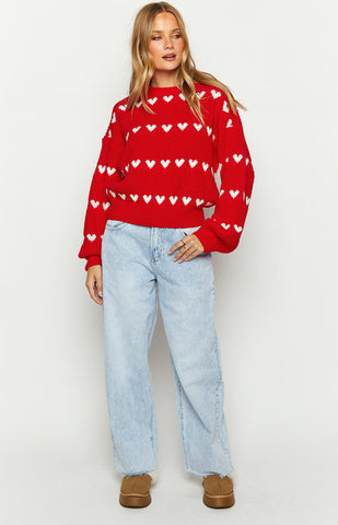 Suéter de punto con rayas de corazón rojo Lovey 
