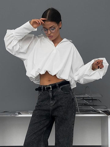 Loose Puff Sleeves Asymmetric Solid Color Split-Joint Lapel Blouses&Shirts Tops