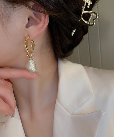 Classy Gold Copper Pearl Asymmetric Drop Earrings