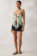 Chiffon Tie Halter Ruffle Blouse
