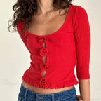 3D Rosette Front Hollow Out Vintage Half Sleeve Elegant Lady Slim Fit Y2K Crop Top