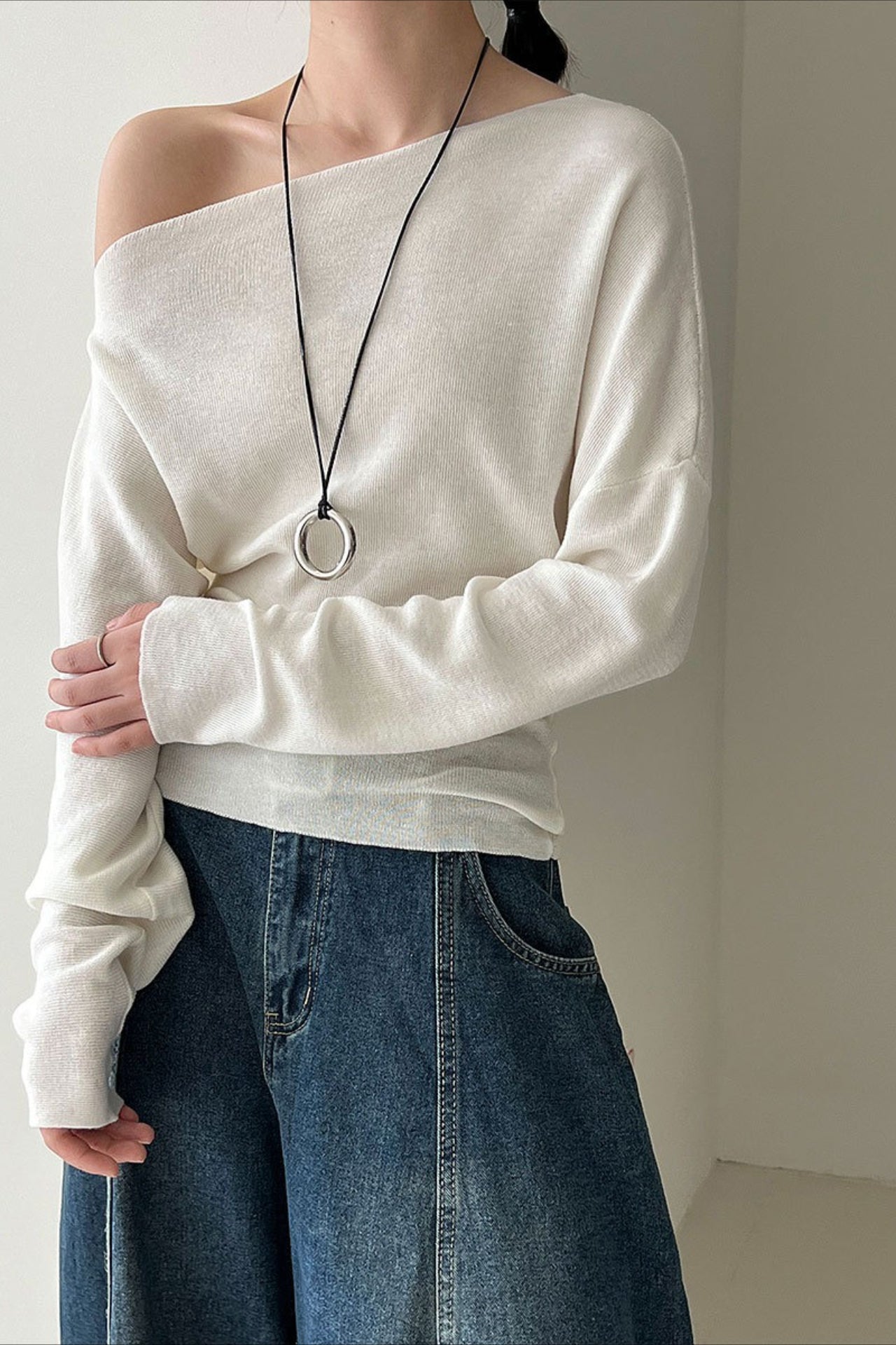 Waist Defining Asymmetric Shoulder Knit Top
