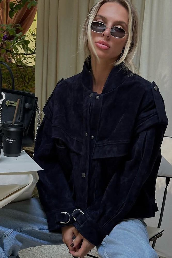 Wide Shoulder Suede Pocket Jacket