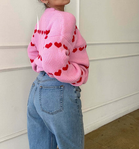Suéter de punto con rayas de corazón rojo Lovey 