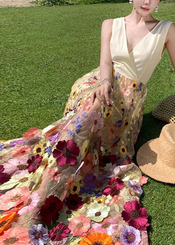 Bohemian V-Ausschnitt Tüll bestickt Patchwork Blumen Tüll Maxikleid Sommer 