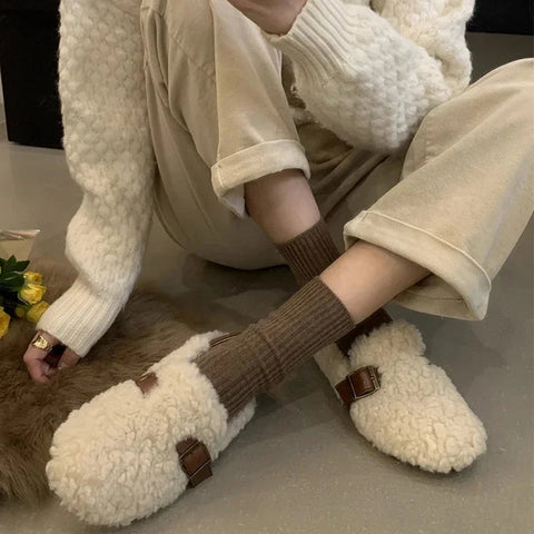 Mocasines planos de lana de cordero para mujer, elegantes, sin cordones, a la moda, para otoño 