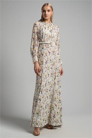 Floral Pleat Round Neck Maxi Dress With Belt