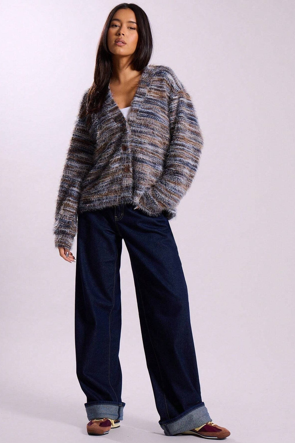 New Retro Fashion Deep V-Neck Maillard Plush Long-Sleeve Knit Cardigan