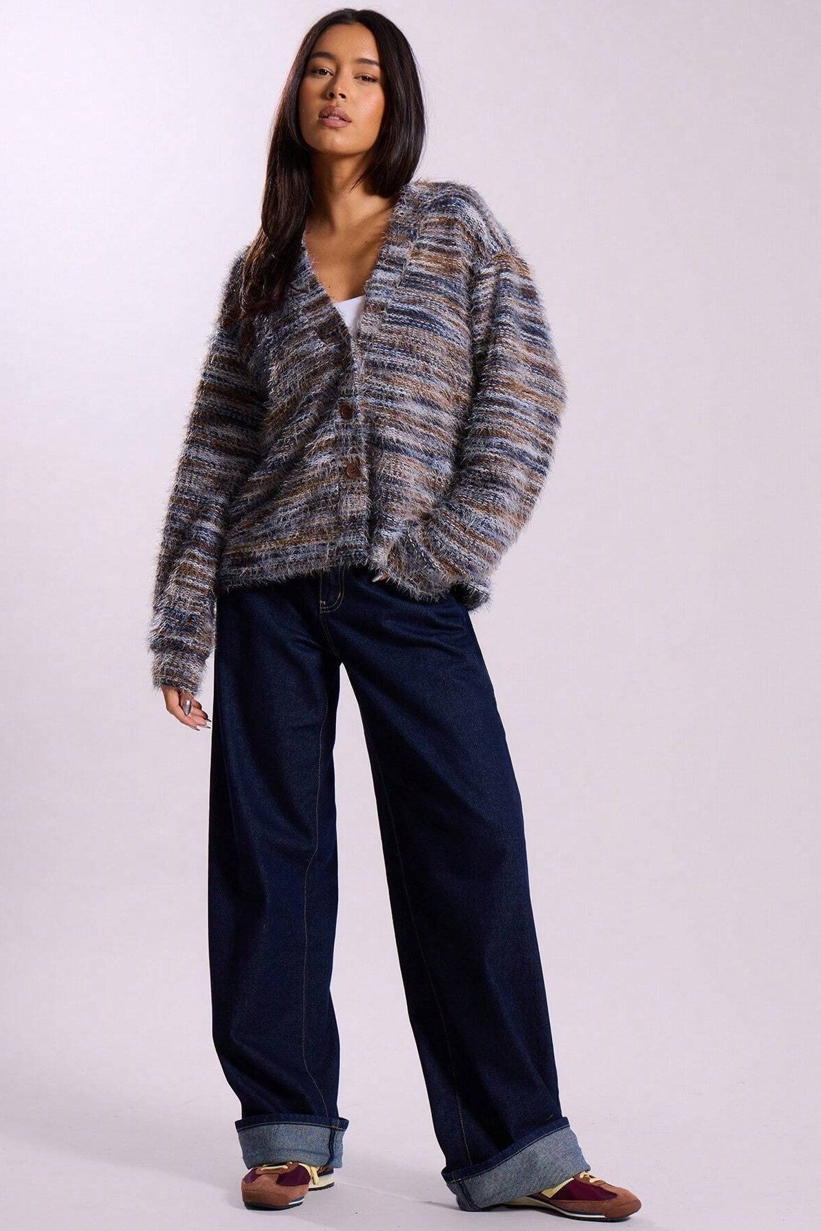 New Retro Fashion Deep V-Neck Maillard Plush Long-Sleeve Knit Cardigan
