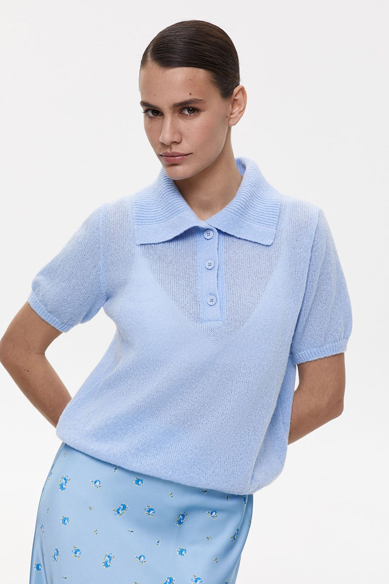 Minimalist Polo Hollow Knit Puff Sleeve Blouse