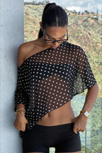 Chiffon Polka Dot Asym Shoulder Blouse