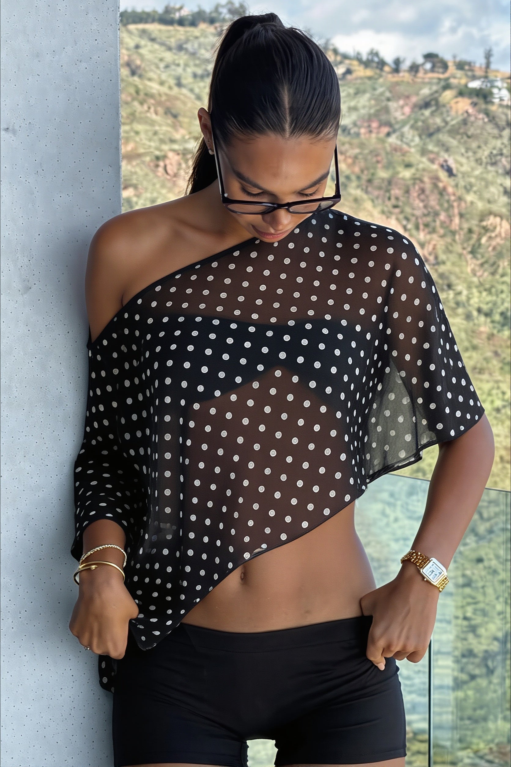 Chiffon Polka Dot Asym Shoulder Blouse
