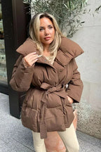 Oversized Solid Color Belted Puffer Jacket